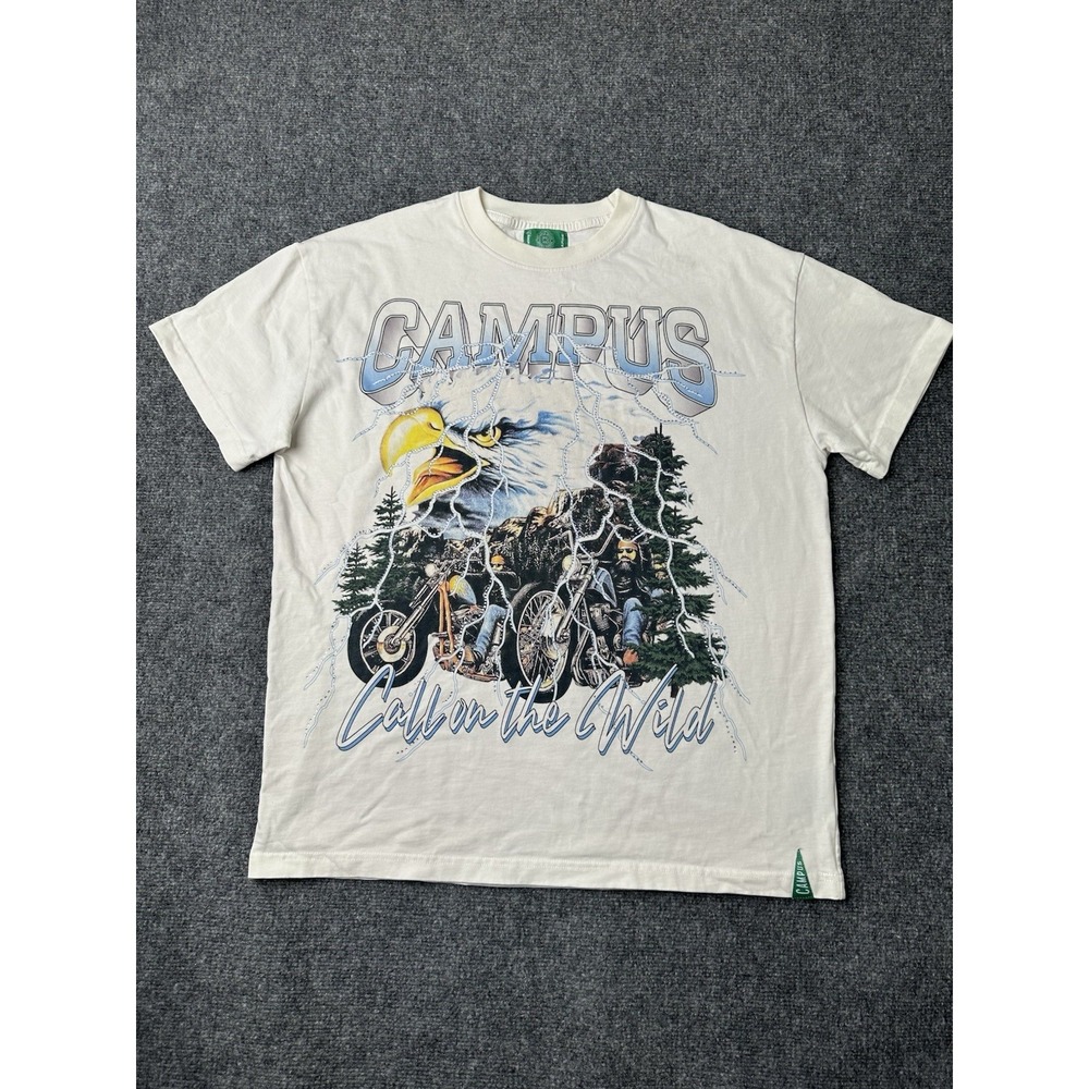 Mens Graphic Campus Call Of The Wild Eagle Motorcycle T Shirt Cream, Size L‎